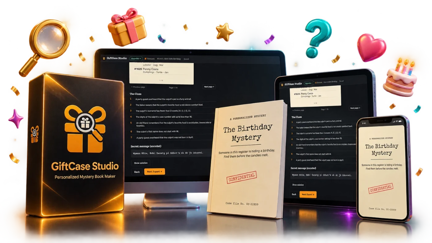 GiftCase Studio app with a printed mystery book